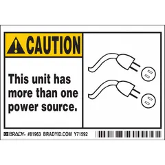 Polyester caution sign indicating multiple power sources. Adhesive mounting for direct application on machinery. Nominal size 3 1/2 in x 5 in. Not retroreflective and does not glow in the dark. Pack of 5.