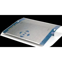 Aluminum dock plate with diamond treadplate surface. Overall length 24 in, width 60 in. Used to bridge gaps between loading docks and trucks or railcars for forklift and hand-truck loading in warehouses and distribution centers.