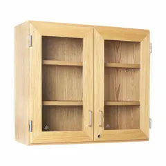 Wall-mounted cabinet with glass and oak construction. Overall dimensions: 30 in width, 12 in depth, 30 in height. Includes three fixed shelves. Suitable for storage in laboratories, offices, and clean rooms.