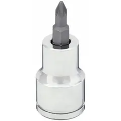 This Pozidriv bit socket features a #1 tip size and a 1 55/64 in overall length. Designed for use with standard ratchets, it is suitable for driving Pozidriv screws in assembly and repair applications.