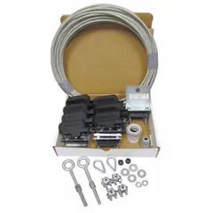 This wire rope festoon kit includes trolleys and is designed for use with round cable types. It supports working spans from 44 ft to 74 ft and requires a minimum cable/hose length of 89 ft. Suitable for supplying power or control cables to moving equipment in industrial settings.