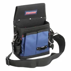 This polyester tool pouch features an open-top design with 13 pockets for organizing hand tools. It fits belts up to 3 1/4 inches wide, making it suitable for carrying tools during maintenance, electrical, or plumbing tasks.