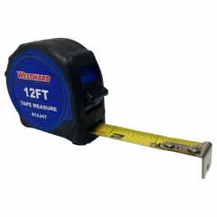 12 ft tape measure with SAE inch markings and 1/32 in graduations for the first 12 in. Features a manual lock, nonmagnetic single hook tip, and a black plastic body with rubberized grip. Used for linear measurements in construction, woodworking, and general maintenance.