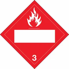 Class 3 flammable liquids placard, 10 3/4 in x 10 3/4 in, displaying the number 3. Used for identifying containers holding flammable liquids during transport and storage, meeting DOT labeling requirements.