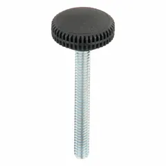 This knurled knob features a plastic body with a steel threaded stud. It has a 1-inch diameter and a 1/4"-20 thread with a 2.125-inch thread length. Used for manual adjustment, clamping, or positioning in jigs, fixtures, and industrial equipment.
