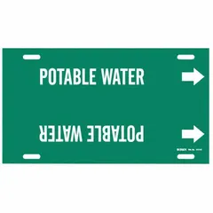 Strap-on pipe marker for identifying potable water lines. Green background with white legend and directional arrows. Fits pipe outer diameters of 8 to 9-7/8 inches. Suitable for use in industrial facilities to indicate water content and flow direction.