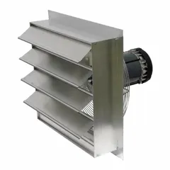 20-inch shutter-mount exhaust fan with aluminum frame and finish. Features a 1/3 hp totally enclosed air-over motor, single speed, delivering 3,640 cfm at 230/460V AC, 3-phase. Rated Class I, Div 1, Groups C and D; Class II, Div 1, Groups F and G for use in environments with flammable gases, vapors, or combustible dust.