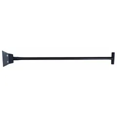 Floor scraper with a stiff, tapered carbon steel blade and a steel handle. Designed for removing floor coverings, adhesives, and heavy buildup from concrete or wood surfaces in maintenance and renovation tasks.