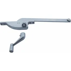 This left-hand window operator is designed for casement windows and includes a crank handle. It mounts on the window frame and features a painted aluminum finish with a 4-3/4 inch base length. Suitable for opening and closing casement windows in residential or commercial applications.