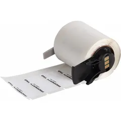 Polyester property tag labels in black/white, sized 3/4 in x 1 5/8 in and 1 5/8 in x 3/4 in, with halogen-free acrylic adhesive. Compatible with BMP71 printer (with Media Adapter). Used for asset identification and property marking on equipment, tools, and inventory in industrial facilities.