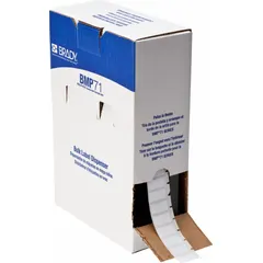 This Brady precut label roll measures 1 inch by 1/2 inch and is made of white gloss polyester. It is rated for temperatures from -94°F to 230°F and is compatible with the BMP71 printer series. Typical applications include on-demand labeling in industrial environments such as electrical, machining, and material handling.