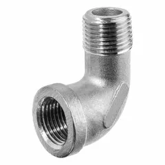This 90° pipe elbow features a 2-1/2 in male NPT threaded connection on one end and a 2-1/2 in female NPT threaded connection on the other. It is rated for a maximum operating pressure of 150 psi and includes thread sealant for leak-resistant joints. Commonly used in low-pressure plumbing, pneumatic, and hydraulic systems for water, air, or oil lines.