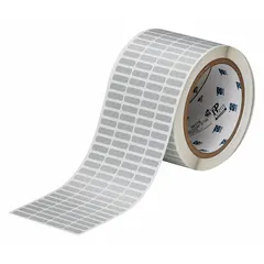 Tamper-indicating precut label roll with a checkerboard footprint pattern. Each label measures 13/64 in by 21/32 in. Designed for use with Brady IP Series printers. The labels provide a visual indication of tampering, supporting security and compliance in industrial environments.