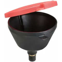 This polyethylene drum funnel is designed for use with 30 gal steel drums and pails. It features a lockable lid to help control access and reduce spillage during fluid transfer. The funnel has no flame arrester and is black in color.
