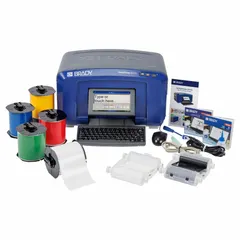 This standalone desktop printer is designed for facility safety identification applications such as pipe marking, equipment tags, and hazard warnings. It can operate connected to a mobile device, PC, or standalone with the included battery. The kit includes a 4-inch continuous green vinyl label, a USB flash drive, and the Brady Workstation Safety and Facility Identification Software Suite.