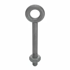 Steel, galvanized machinery eye bolt without shoulder. Thread size 2"-4 1/2, thread length 4 in. Includes nut. Used for lifting, rigging, and pulling in industrial applications.