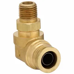Brass push-to-connect elbow adapter for connecting 5/8 in OD tubing to 3/8 in male NPT threaded ports. Used in air brake systems and pneumatic circuits for leak-free joints without tools.