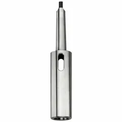 This Morse taper extension adapts an MT4 female socket to an MT3 male taper, with an overall length of 9 7/16 inches. It is used in machine tool applications such as drilling, milling, and lathe operations where a reduction from MT4 to MT3 is required.