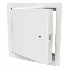 Steel locking access door with 12-inch width and 24-inch height, featuring a piano hinge and exposed flange. Designed for ceiling mounting, the 20-gauge door provides secure access to mechanical, electrical, or plumbing systems in commercial or industrial buildings. Finished with powder coating.