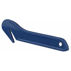 This disposable single-hook safety cutter features a contoured handle and a plain steel blade with a beveled edge. The blue finish provides visibility. It is designed for cutting stretch wrap, shrink film, and packaging materials in warehouses and distribution centers.