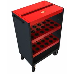 This shielded CNC toolholder cart from HUOT is designed for CAPTO (C5) taper tooling. It features 48 compartments for organized storage and protection of tools in machining environments.