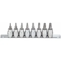 This 25-piece Torx bit socket set includes eight sockets with tip sizes ranging from T15 to T47, all with a 3/8 in drive. The fixed insert design allows for secure engagement with Torx fasteners. Suitable for assembly, maintenance, and repair tasks requiring precise torque application.