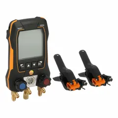 Digital wireless manifold gauge set for R-458A refrigerant. Two-valve design with gauge boots and sight glass. Includes carrying case. Compatible with measureQuick and testo Smart systems. Used by HVAC technicians for pressure and temperature measurement in refrigeration systems.