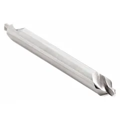 This KEO center drill is a plain-type, double-end tool made of high-speed steel. It features a #2 size with a 60° included angle and a 6-inch overall length. Used to create conical starting holes for lathe centers or subsequent drilling operations, ensuring accurate alignment in machining tasks.