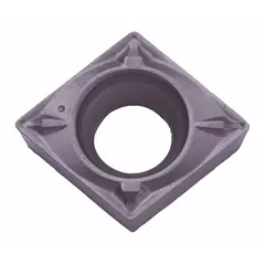 Diamond indexable turning insert for precision machining of non-ferrous materials such as aluminum, copper, and plastics. Used in turning, facing, and boring operations for fine finishing cuts. Offers sharp cutting edges and wear resistance.