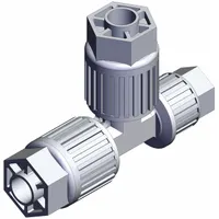 PFA compression tube fitting from the SMC LQ3 series with three ports sized 3/8 in OD x 3/8 in OD x 1/4 in OD. Suitable for connecting tubing in high-purity fluid systems. Complies with RoHS6 and RoHS10 standards