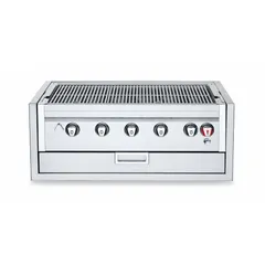 Built-in natural gas grill with five burners. Constructed with a stainless steel body. Overall dimensions: 38 1/2 in length, 17 3/4 in height, 27 in depth. Suitable for outdoor kitchen installations in commercial or residential settings.
