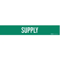 Green adhesive pipe marker with white legend text reading Supply. Fits pipe outer diameters from 2-1/2 to 7-7/8 inches. Supplied without arrows. Includes one marker per unit. Used to identify supply lines in piping systems.
