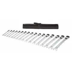 This 17-piece set includes metric 12-point ratcheting combination wrenches ranging from 8 mm to 25 mm. Constructed from alloy steel with a chrome finish, the wrenches are suitable for tightening and loosening fasteners in mechanical assembly, automotive repair, and industrial maintenance. The set is supplied in a storage pouch.