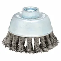 This cup brush is designed for heavy cleaning of contoured stainless steel surfaces. It features a 3 in diameter, 0.02 in fill diameter, and standard twist knot wire bristles. The brush connects via a 5/8"-11 arbor hole, suitable for removing rust, scale, and weld splatter in industrial maintenance and fabrication applications