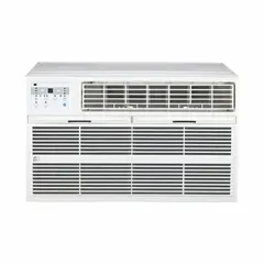 Residential-grade through-the-wall air conditioner for cooling and heating. Operates at 208/230V AC with 10,000 BtuH cooling capacity and 9.6 CEER rating. Includes remote control. NEMA 6-20P plug. Suitable for spaces requiring permanent wall-mounted installation.