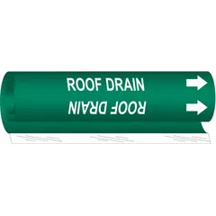 Green wrap-around pipe marker with white 'Roof Drain' legend and directional arrows. Fits pipe outer diameters from 1/2 to 1-3/8 inches. Supplied as a single marker. Used to identify roof drain lines in industrial, HVAC, and plumbing systems for clear pipe labeling.