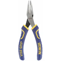 Bent needle-nose pliers with smooth jaws for precision gripping and bending in confined spaces. Overall length 5 in, jaw length 1 1/8 in, tip width 3/8 in. Suitable for electrical, automotive, and general maintenance tasks requiring access to tight areas.