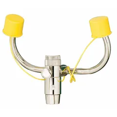 This supplemental faucet-mount eyewash station is constructed with chrome-plated brass and features a silver finish. It has a width of 7 2/3 inches and a 43/50 in 27 female thread for mounting. The unit includes a universal identification sign and complies with ANSI Z358.1 standards. It is designed for emergency eye irrigation in areas where hazardous materials are handled.