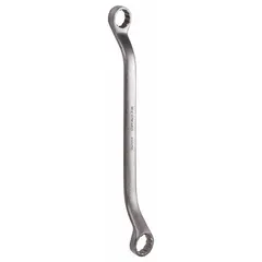 This SAE double-end box end wrench features 12-point openings for secure engagement with hex fasteners. The offset design provides knuckle clearance, making it suitable for use in confined spaces where a standard wrench cannot fit. Constructed from alloy steel with a satin finish, it measures 9-1/2 inches overall and has head sizes of 5/8 inch and 11/16 inch.