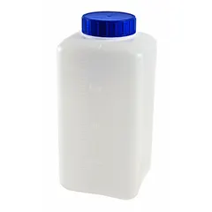 Natural HDPE rectangular lab bottle with 67.6 fl oz (2 L) capacity. Includes closure and graduated markings for volume measurement. HDPE construction provides chemical resistance and impact strength. Rectangular shape optimizes shelf space in laboratory and industrial settings.