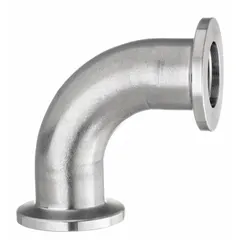 This 90° elbow vacuum tube fitting connects two NW vacuum lines at a right angle. Constructed from 304 stainless steel, it has a 2 in OD x 2 in Pipe, NW x NW configuration and a vacuum rating of 10⁻⁷ torr @ 72°F. Suitable for high-vacuum systems requiring a leak-tight seal.