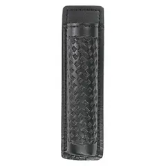 This duty equipment pouch is constructed from black synthetic leather with a basket weave pattern. It measures 7 3/4 inches by 2 1/4 inches and features an open closure for quick access. Designed to carry a flashlight, it is suitable for use by security and industrial personnel.