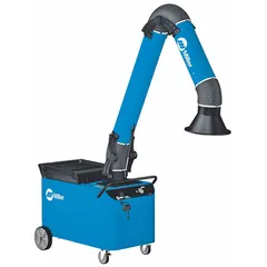 Single-arm mobile welding fume extractor with a 12 ft arm length and MERV 16 Filtair MWX-D filter. Operates on 120V nominal input voltage. Designed for source capture of welding fumes in industrial and fabrication environments.