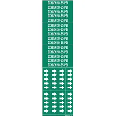 Green adhesive pipe markers with white legend reading 'Oxygen 50-55 PSI' and directional arrows. Each marker fits 3/4 in and smaller pipe O.D. Sold in packs of 3. Used to identify oxygen lines in industrial piping systems for safety and compliance.