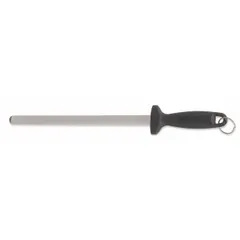 Diamond-coated honing steel with a 12-inch overall length, featuring a steel sharpening surface and a plastic handle. The swivel design allows flexible positioning during use. NSF Certified for sanitation compliance in foodservice environments. Commonly used for realigning and maintaining knife edges in commercial kitchens.