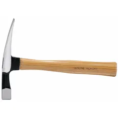 This bricklayer's hammer features a wood handle and perpendicular blade design for cutting and shaping brick, block, and stone. The 7 1/8-inch blade length and 23 mm face diameter allow precise chipping and striking in masonry applications.