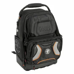 This black polyester tool backpack measures 13-1/2 inches wide, 11 inches deep, and 19-1/2 inches high. It features 36 inside pockets and a D-ring for hanging, providing organized storage for tools and accessories on job sites.