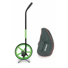 Mechanical outdoor measuring wheel with a fixed handle and a spoked single wheel featuring a rubber tread. Designed for distance measurement in surveying, construction, landscaping, and property line tasks. Measures in SAE (feet) with a range of 100,000 ft. Foldable for storage and requires no batteries.