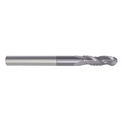 This ball-nose carbide roughing end mill is designed for aggressive material removal in steel and cast iron. It features an AlTiN coating for heat and wear resistance, with 3 flutes, a 3/8" mill diameter, 1" length of cut, and 2-1/2" overall length. Suitable for die/mold work and heavy machining operations requiring contoured surfaces.