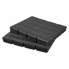 Set of two black foam inserts for use with PACKOUT storage systems. Each insert measures 16 5/16 in W x 3 5/8 in H x 12 1/2 in L and has no pre-cut compartments, allowing users to customize the layout for specific tools. The foam cushions and secures tools during transport.